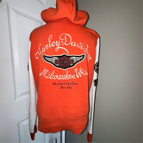 Harley Davidson Women's XL Orange Hooded Varsity Jacket Snap Closure Bikercore - Picture 4 of 14